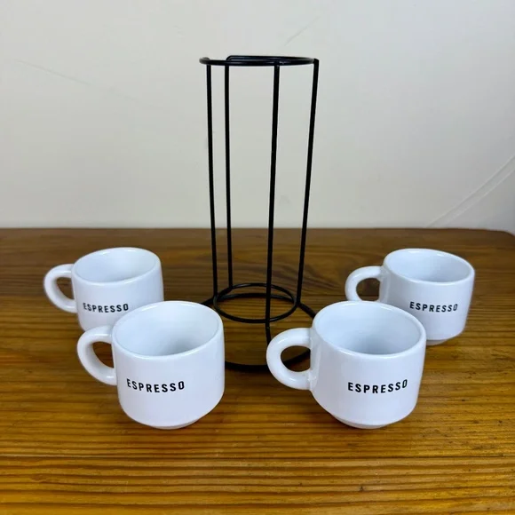 Stacking Espresso Cup Set with Stand | Modern White Ceramic Mugs - Picture 4 of 10